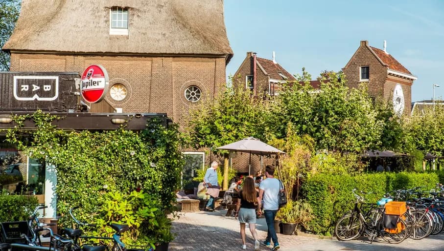 Brouwerij 't IJ brewery terrace garden with windmill