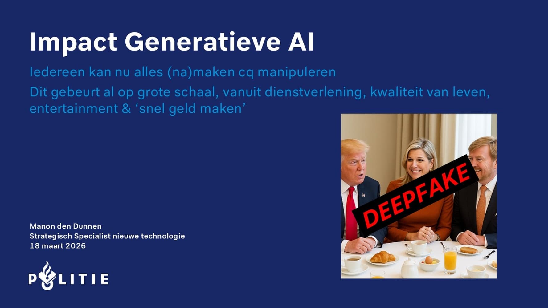 deepfake afbeelding van het koningspaar met Trump aan het ontbijt