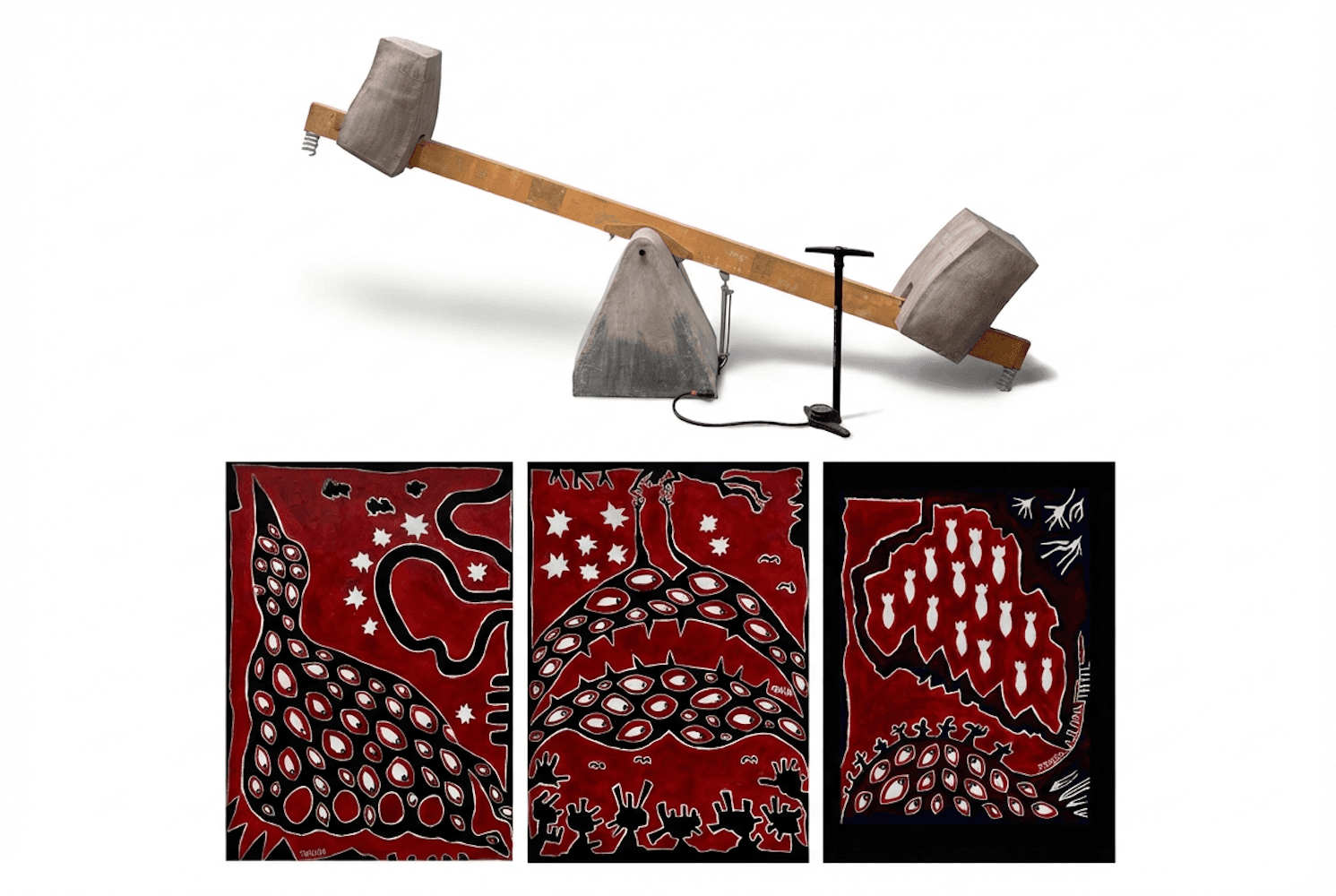 Interactieve sculptuur van Rob Ruimers en schilderijen van Tenedle tijdens de expositie CARTOONESQUE