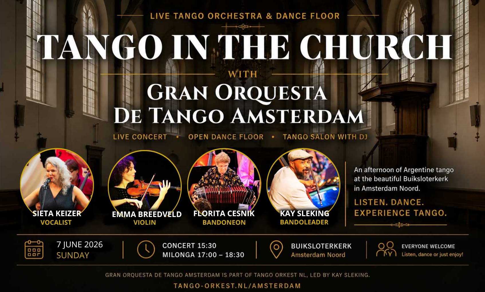 Gran Orquesta de Tango Amsterdam tijdens een concert in de Buiksloterkerk