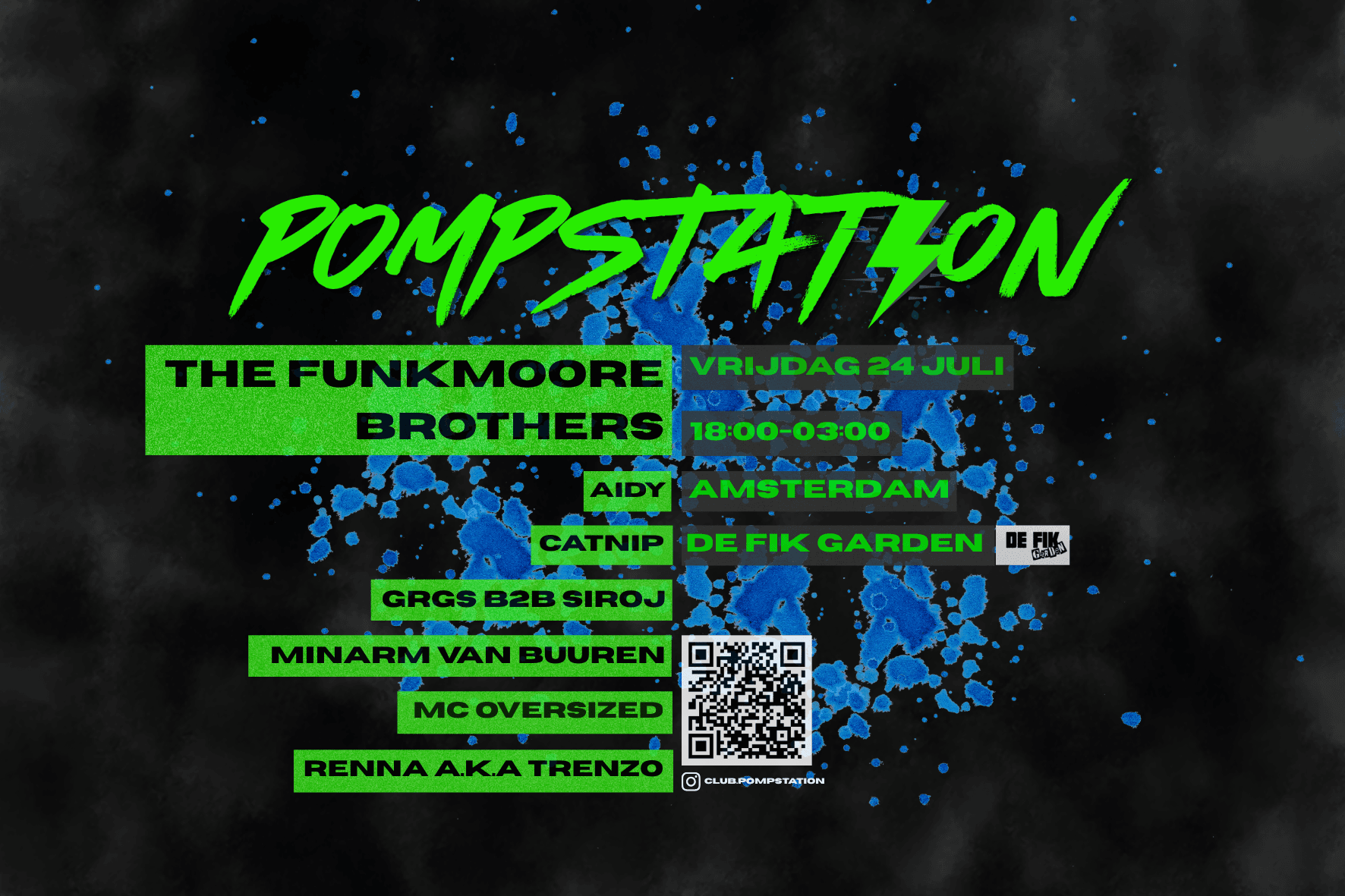 Pompstation is waar je oplaadt; samen, met muziek en beweging. We beginnen rustig en bouwen op richting de nacht, waar je alles loslaat op de dansvloer.  Vrijdag 24 juli | 18:00–03:00 | De Fik Garden, Amsterdam