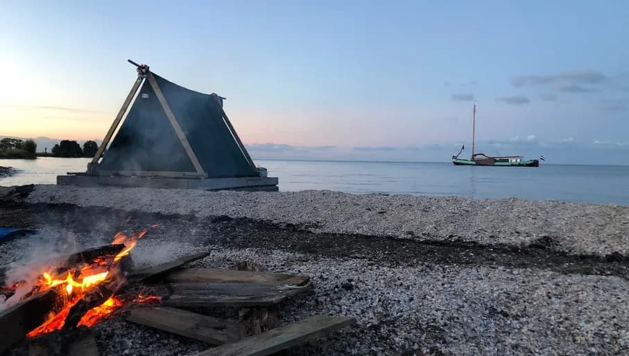 staying the night in a tent, bonfire