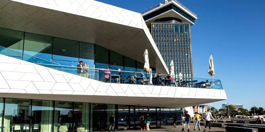 Eye Filmmuseum exterior and terrace with A'DAM Tower in the background