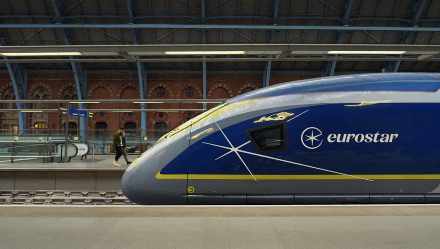 Eurostar train pulling into a train station