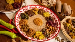Dishes at Kilimanjaro Take Me Away Ethiopian-Eritrean restaurant in Oost