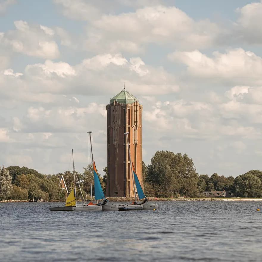 Water tower in Aalsmeer seen from the Westeinderplassen lake