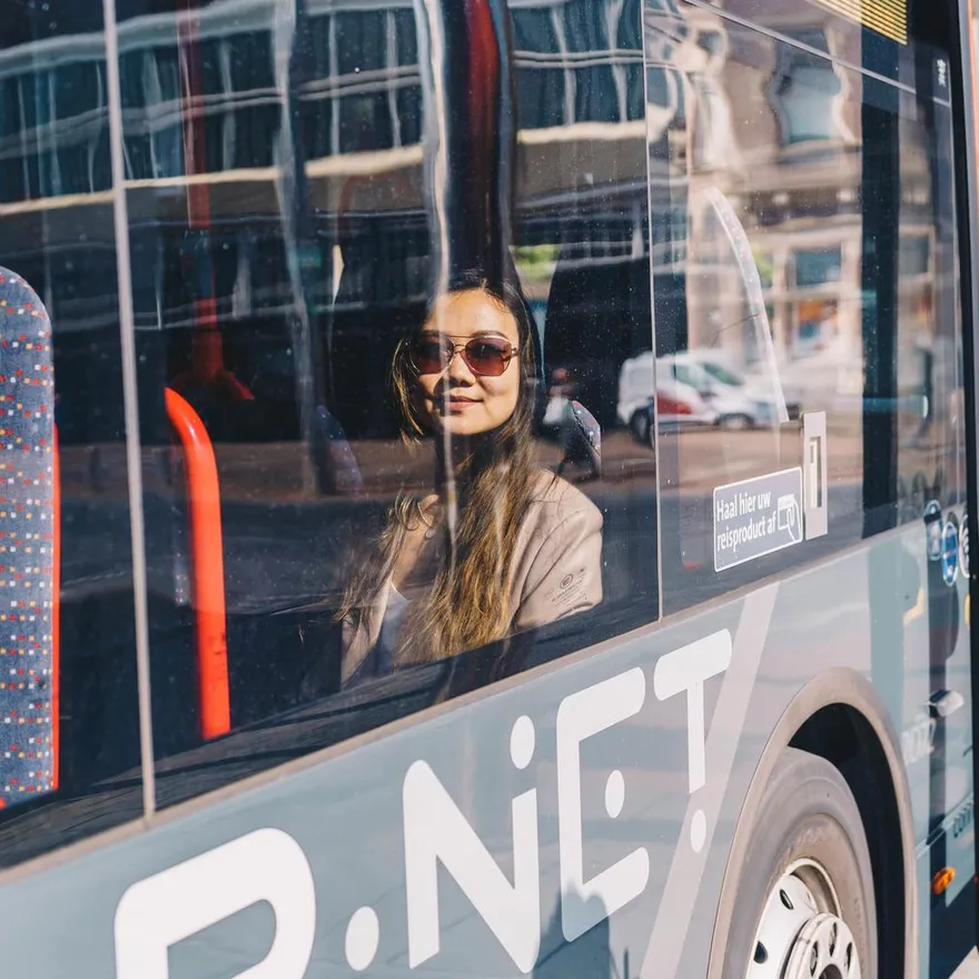 Woman in the bus near Haarlem Central Station.