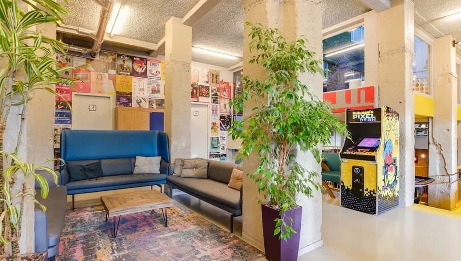 Interiors of Clink Noord hostel atrium and public spaces