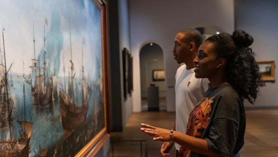 A couple visits Het Scheepvaartmuseum.