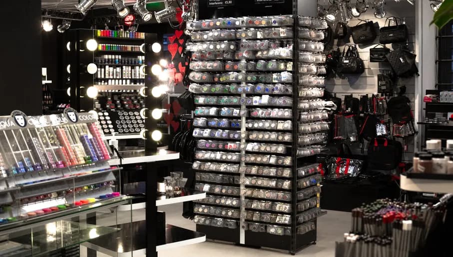 Products in the interior of Back Stage hair and beauty store