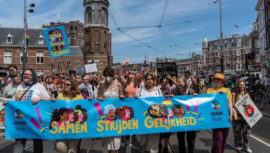 A crowd of people marching with flags and signs