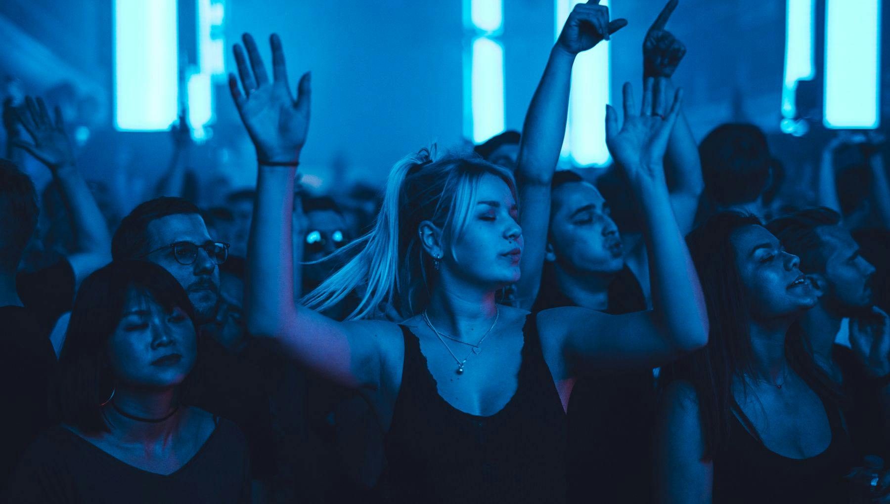 People dancing during Strafwerk party of Amsterdam Dance Event 2018.