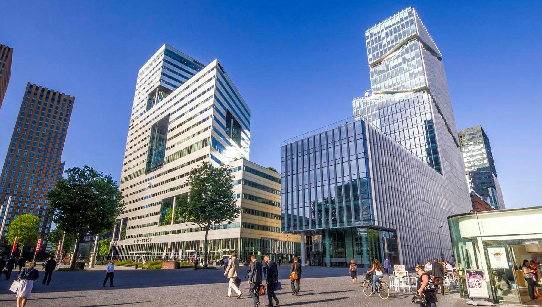The main financial, economic and judicial center in Amsterdam, commonly known as the 'Zuidas' on a sunny day.