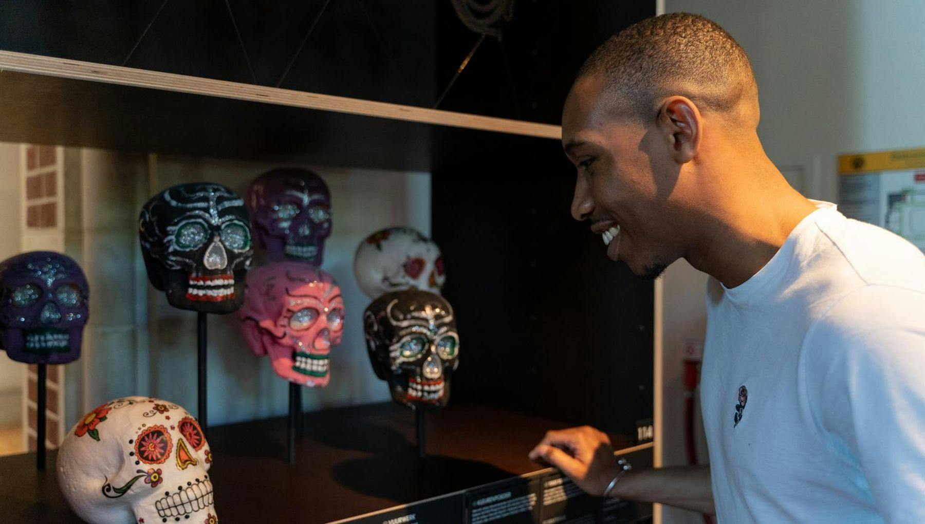 A man looks at decorated skulls that are part of an exhibition at the Tropenmuseum.