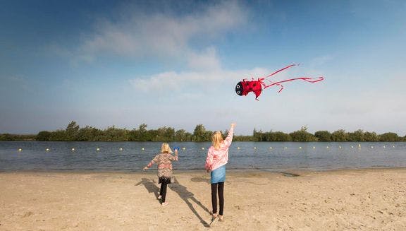 Kids flying a kite at the lake