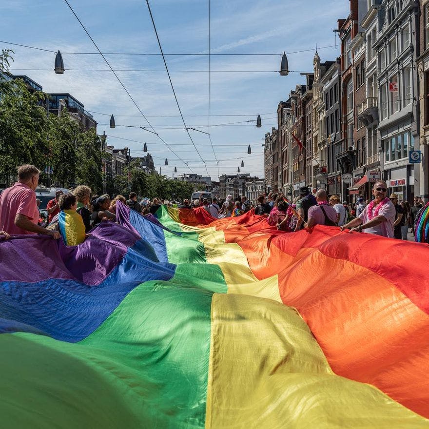 A crowd of people marching with a pride flag.