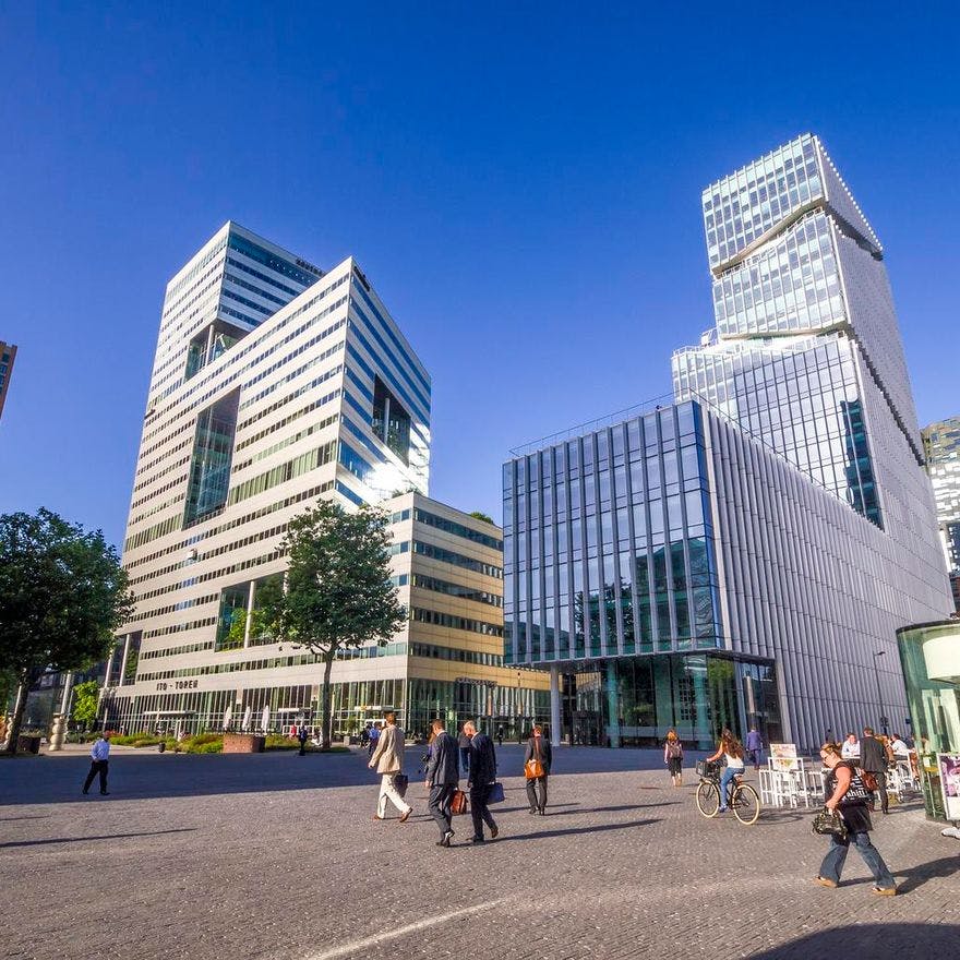 The main financial, economic and judicial center in Amsterdam, commonly known as the 'Zuidas' on a sunny day.