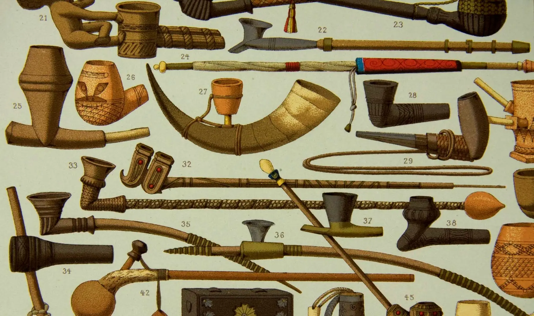 19de eeuwse illustratie met etnografische pijpen uit Aziatische landen