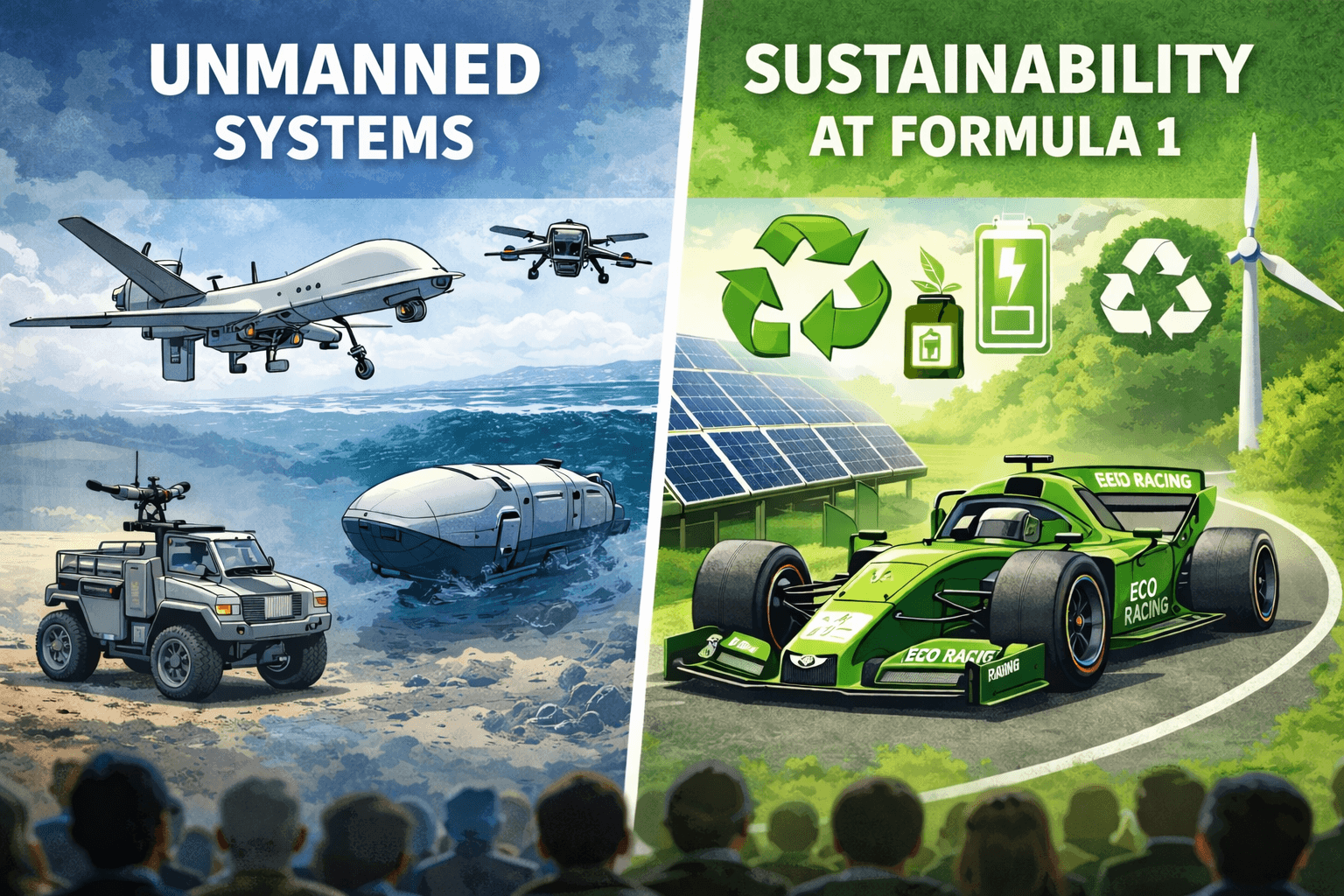 Afbeelding gegenereerd met AI waarop je voorbeelden ziet van onbemande systemen en daarnaast een plaatje waar de duurzame raceauto wordt verbeeld