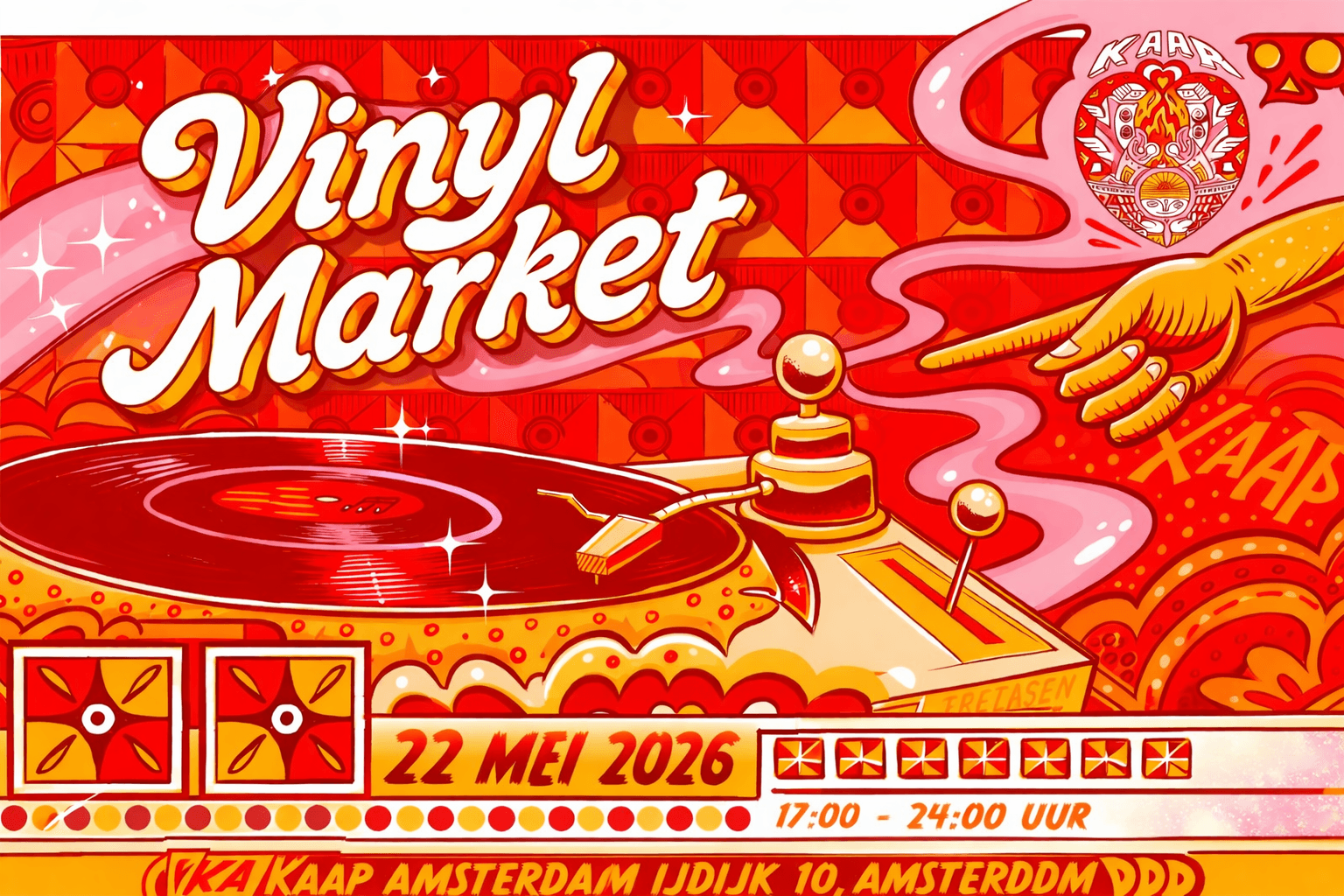 Kleurrijke poster van VinylMarket @ Kaap Amsterdam met illustratie van een draaitafel, platen en handen die een plaat opzetten.