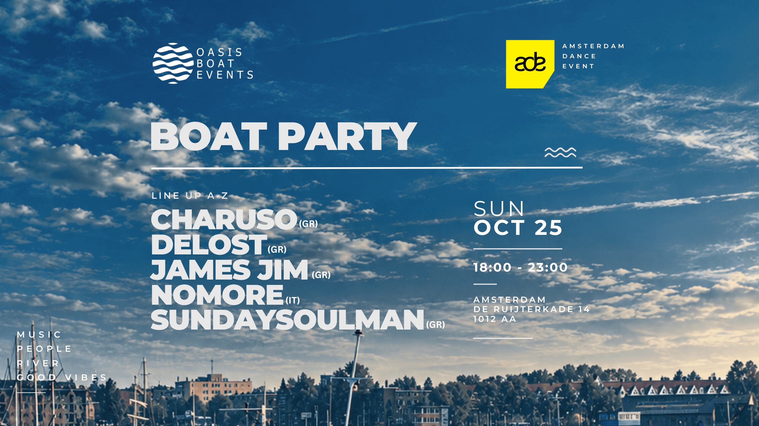 OASIS Boat Party Amsterdam – official event poster featuring the DJ line-up for Sunday, October 25.
