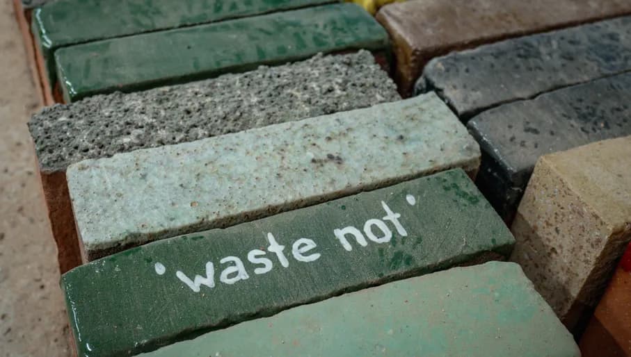 Closeup of green bricks that say 'waste not'