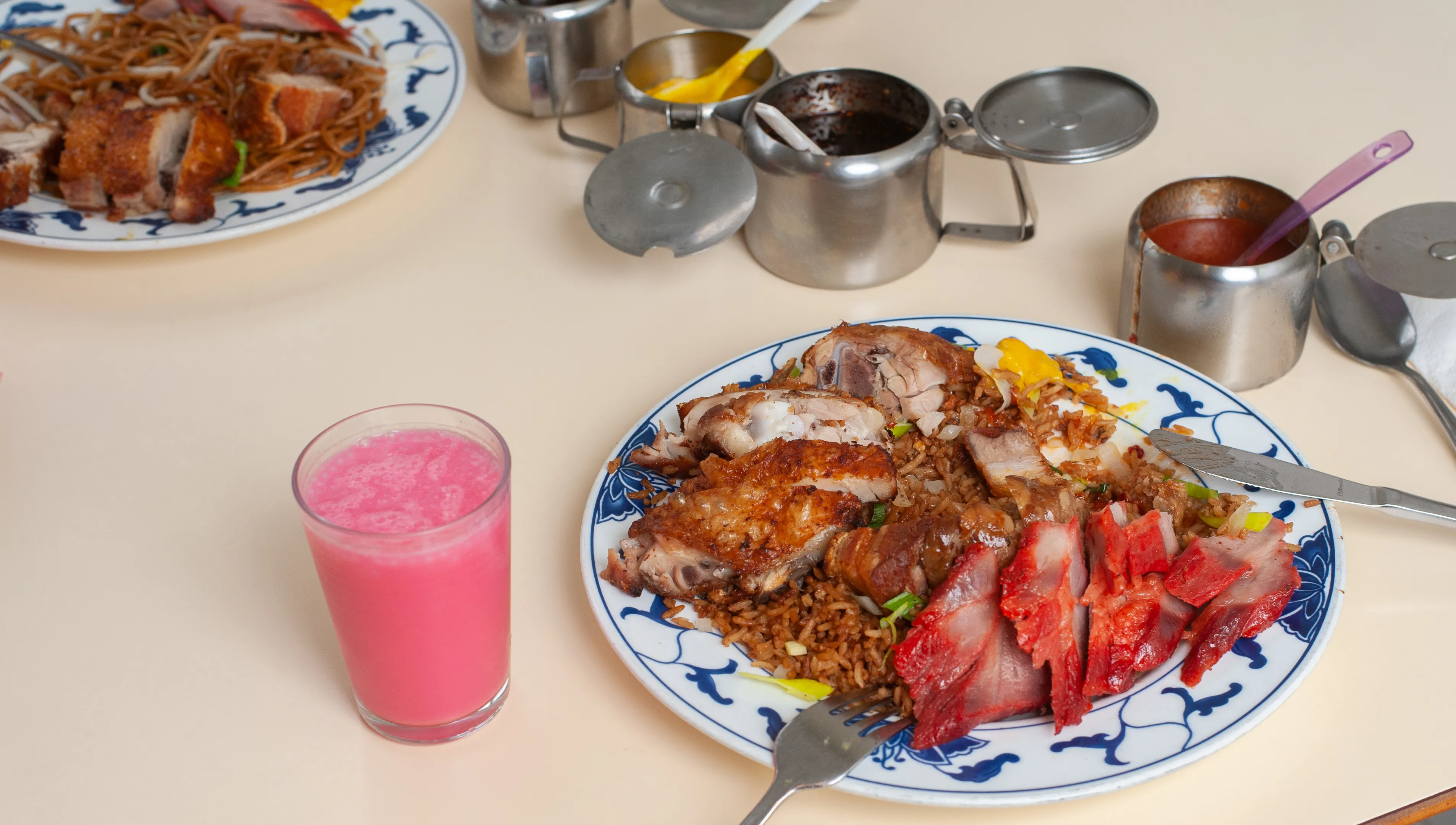Duck dish and rice at New Fusion roti shop Amsterdam