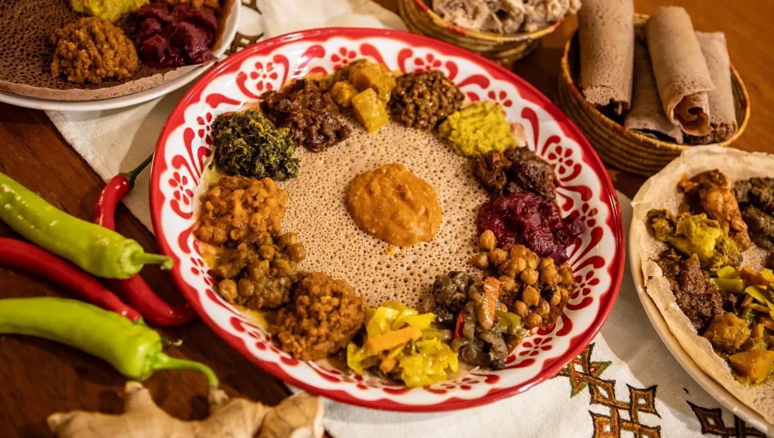 Dishes at Kilimanjaro Take Me Away Ethiopian-Eritrean restaurant in Oost