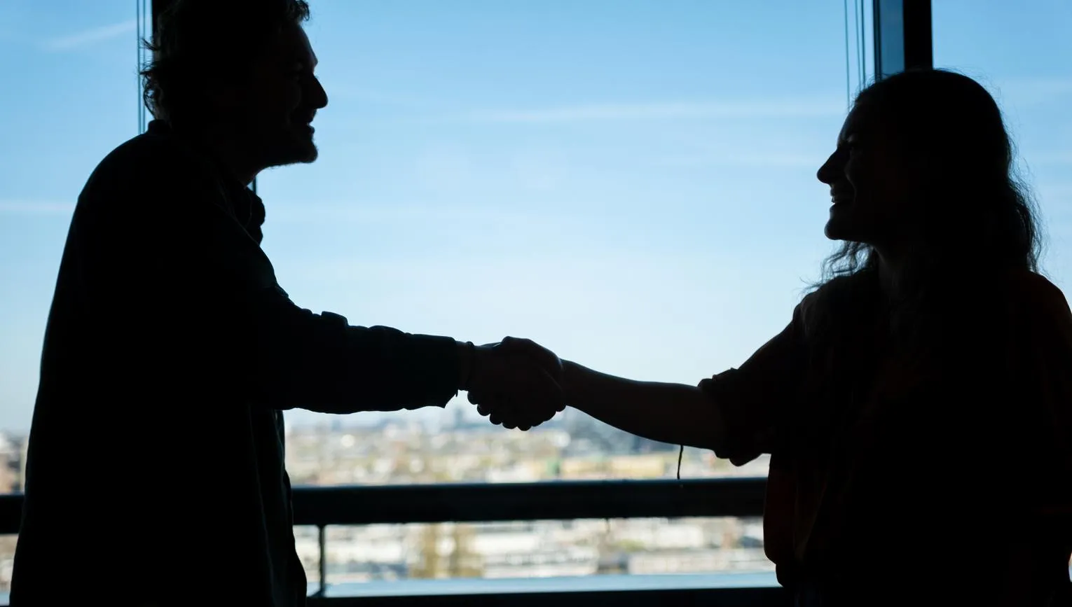 Man and woman handshake.
