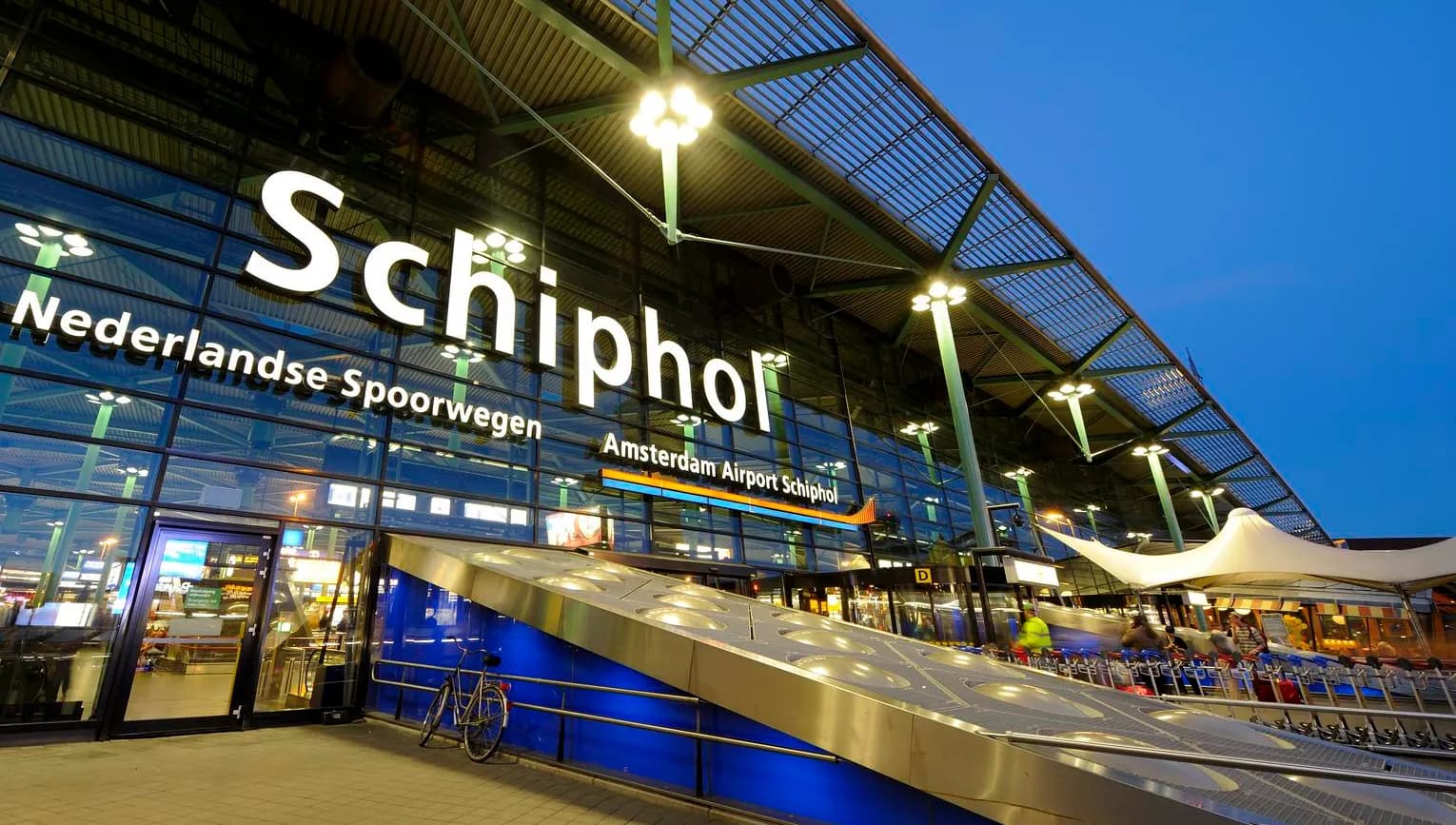 Outdoor entrance to Schiphol airport main hall.