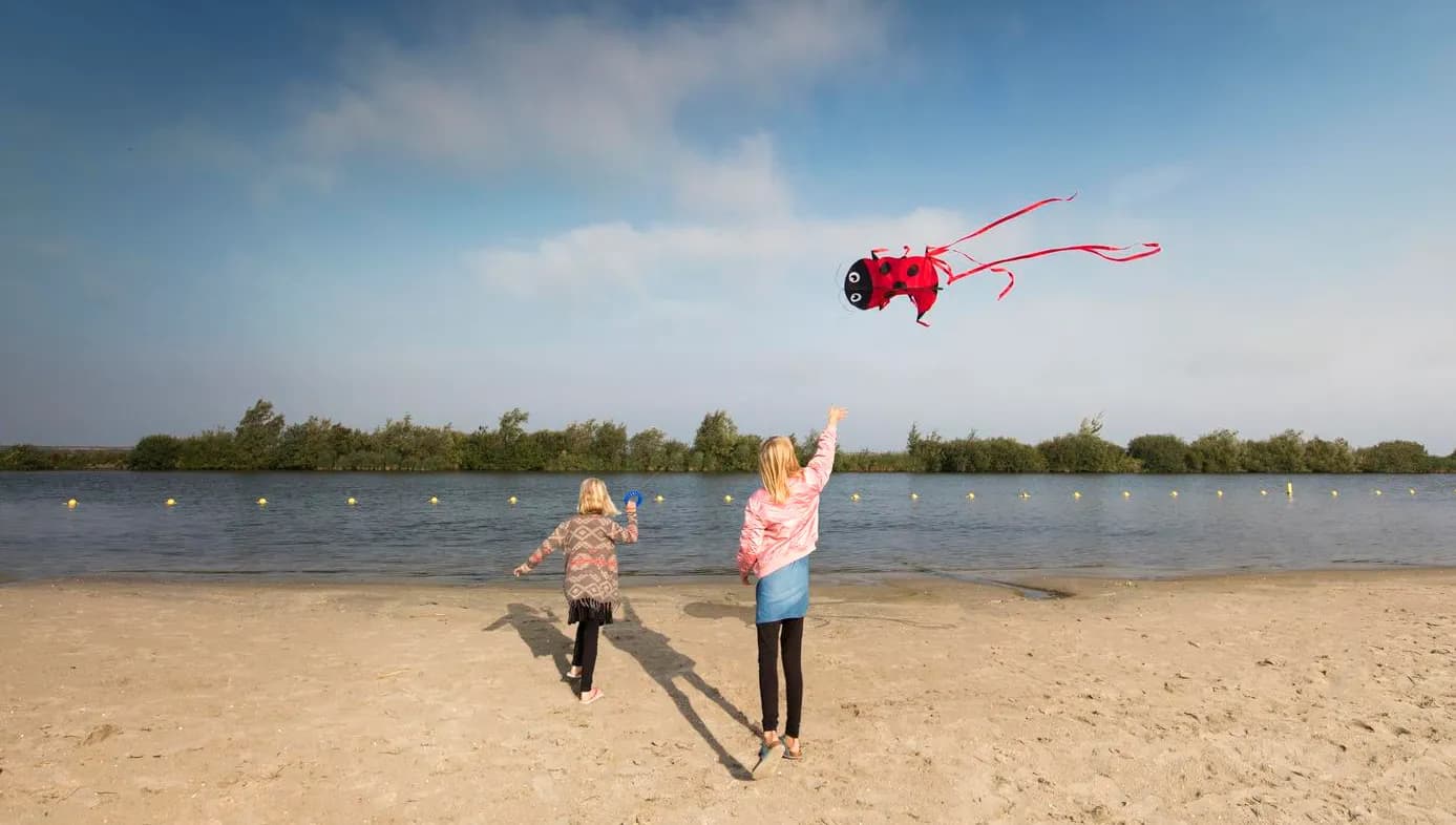 Kids flying a kite at the lake