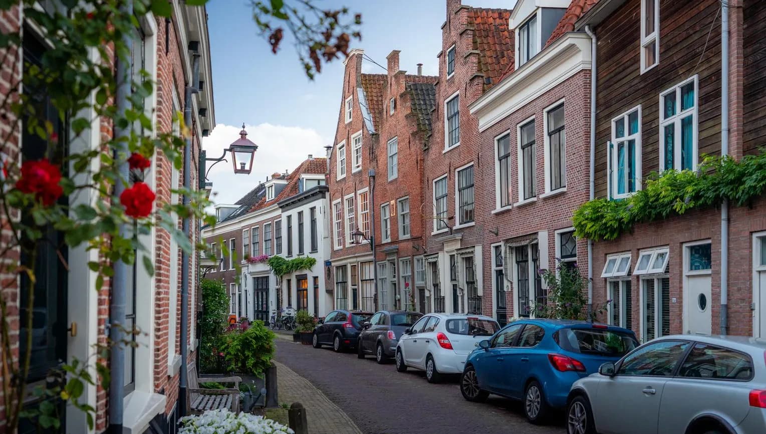 Authentic Haarlem street with parked cars and flowers on the walls.