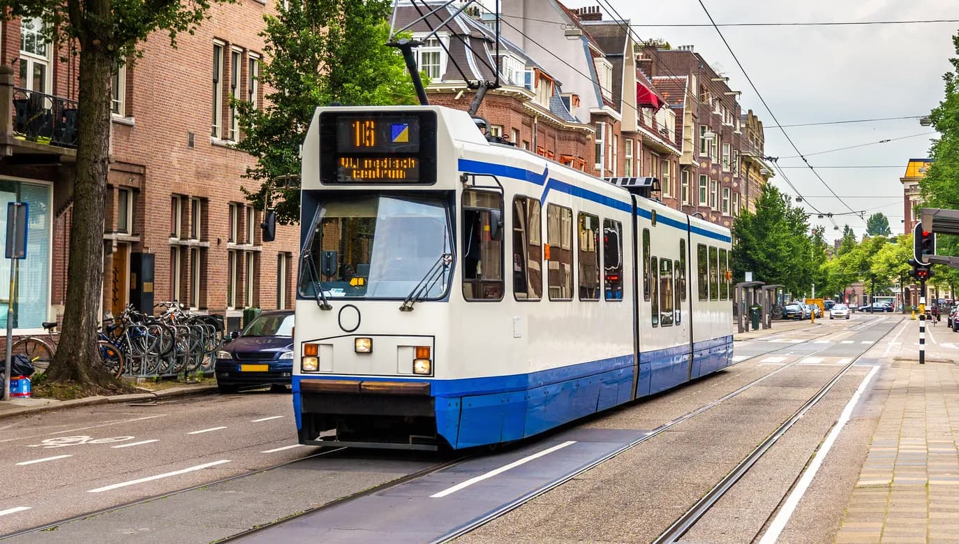 A tram driving in Amsterdam - the Netherlands