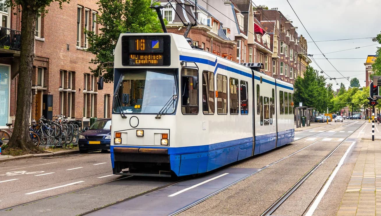 A tram driving in Amsterdam - the Netherlands
