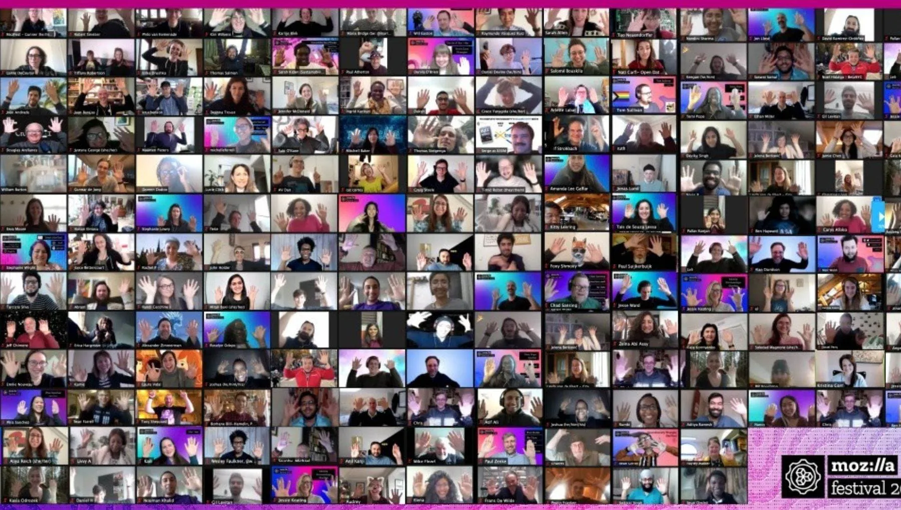 A screengrab of a large video-conferencing call for MozFest 2021.