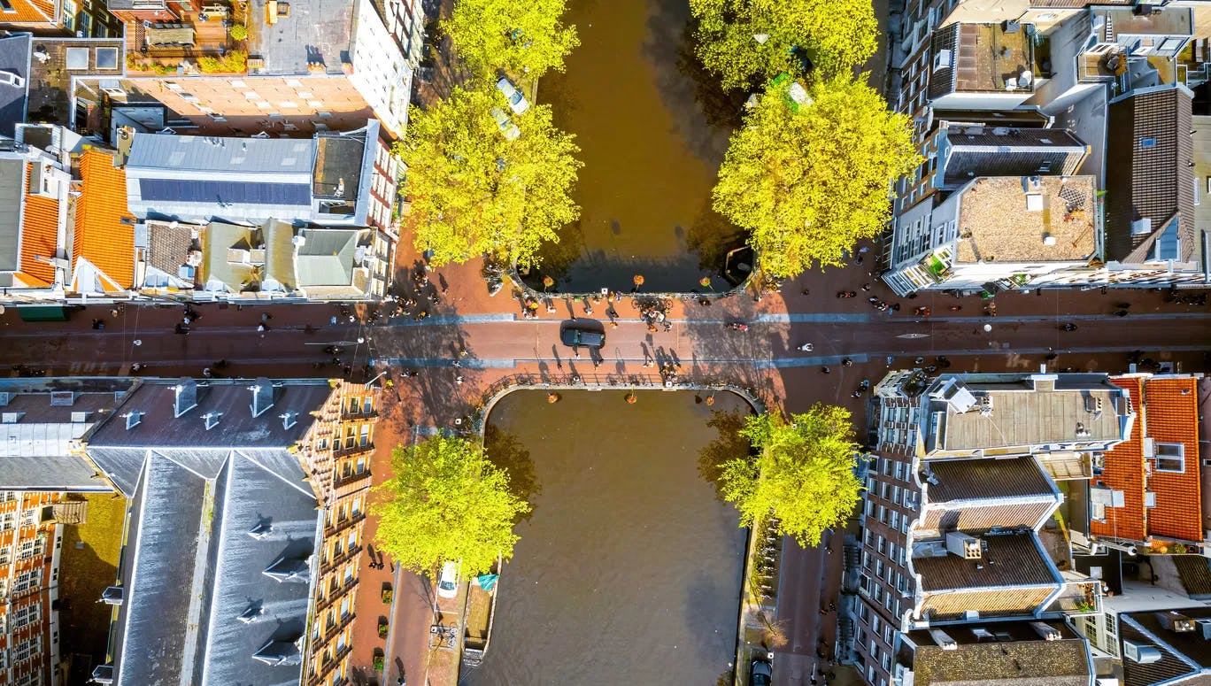 Aerial view of Amsterdam canals, Netherlands