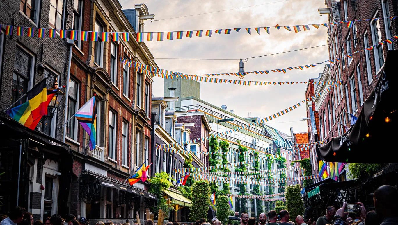 Rainbow flags hanging all over the Reguliersdwarsstraat.