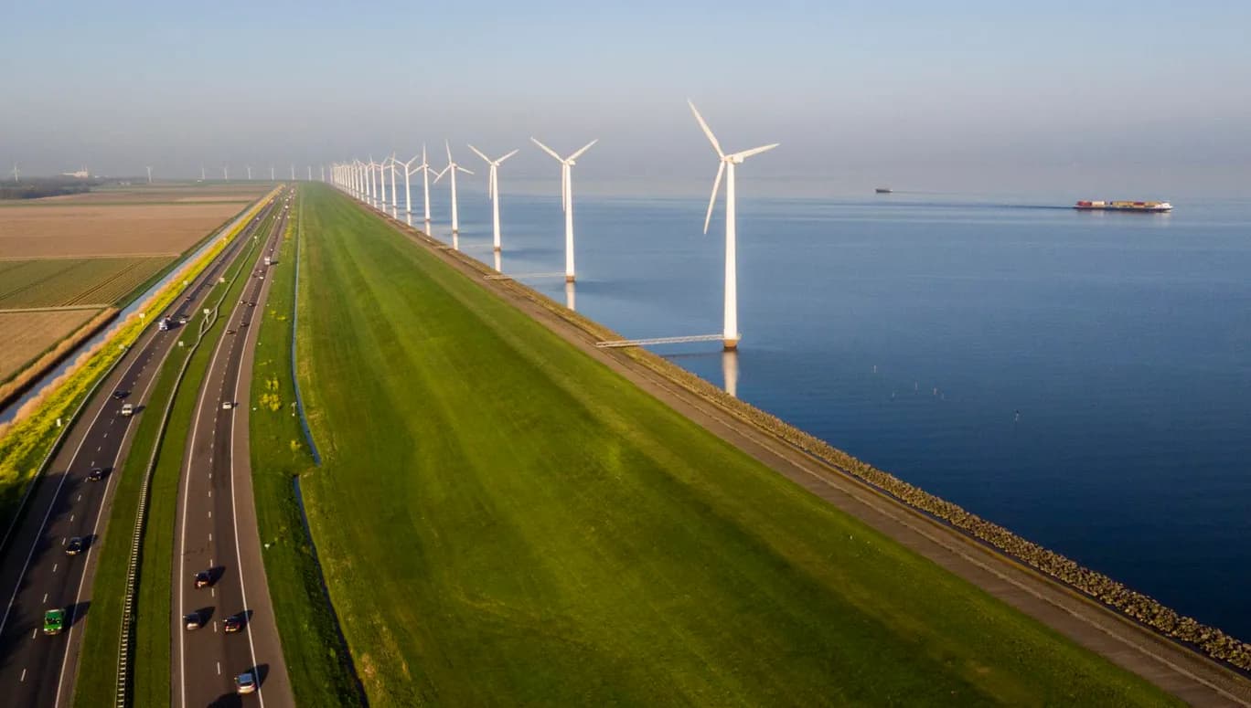 A system of dykes holds back the surrounding water, the level of which is, on average, five meters higher.