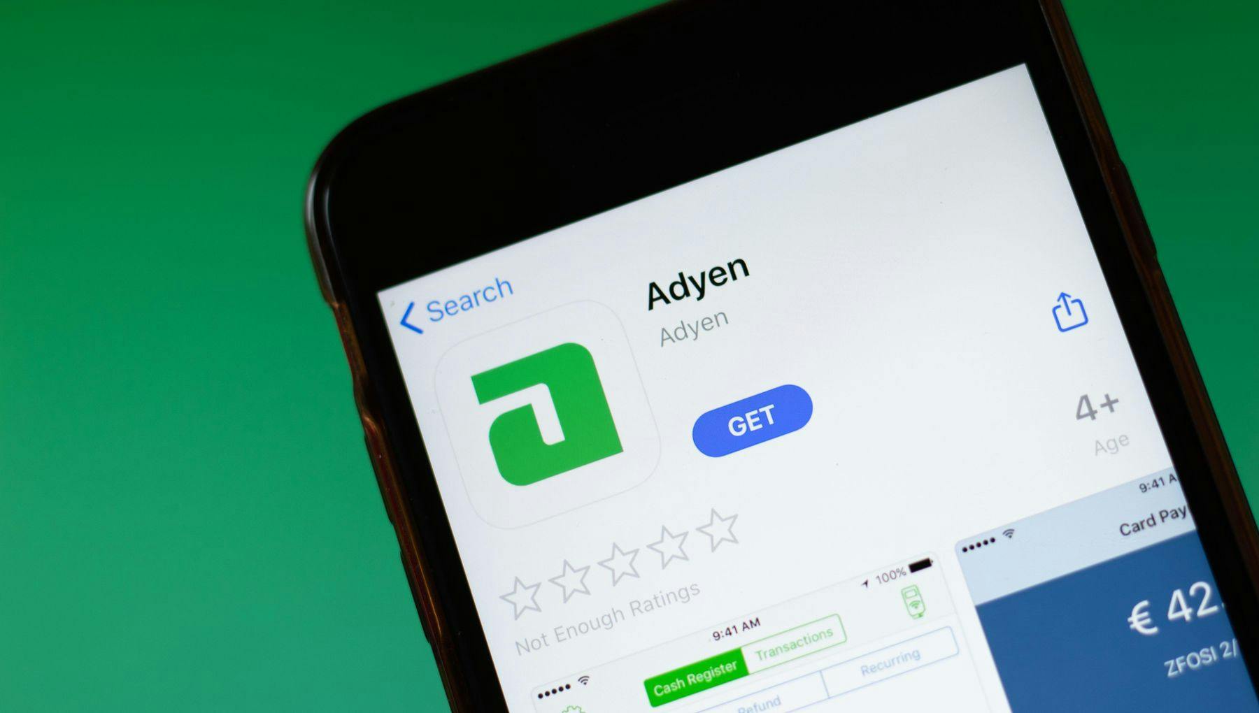 2BWM962 Moscow, Russia - 1 June 2020: Adyen app mobile logo close-up on screen display, Illustrative Editorial.