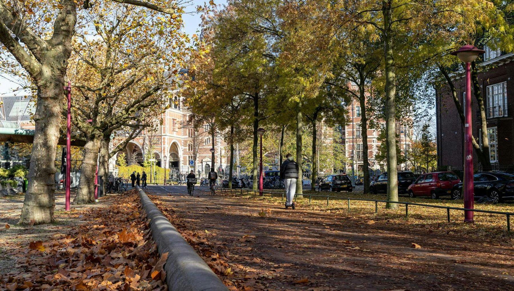 Autumn day at the Museumplein. Behind the trees a peak of the Rijksmuseum.