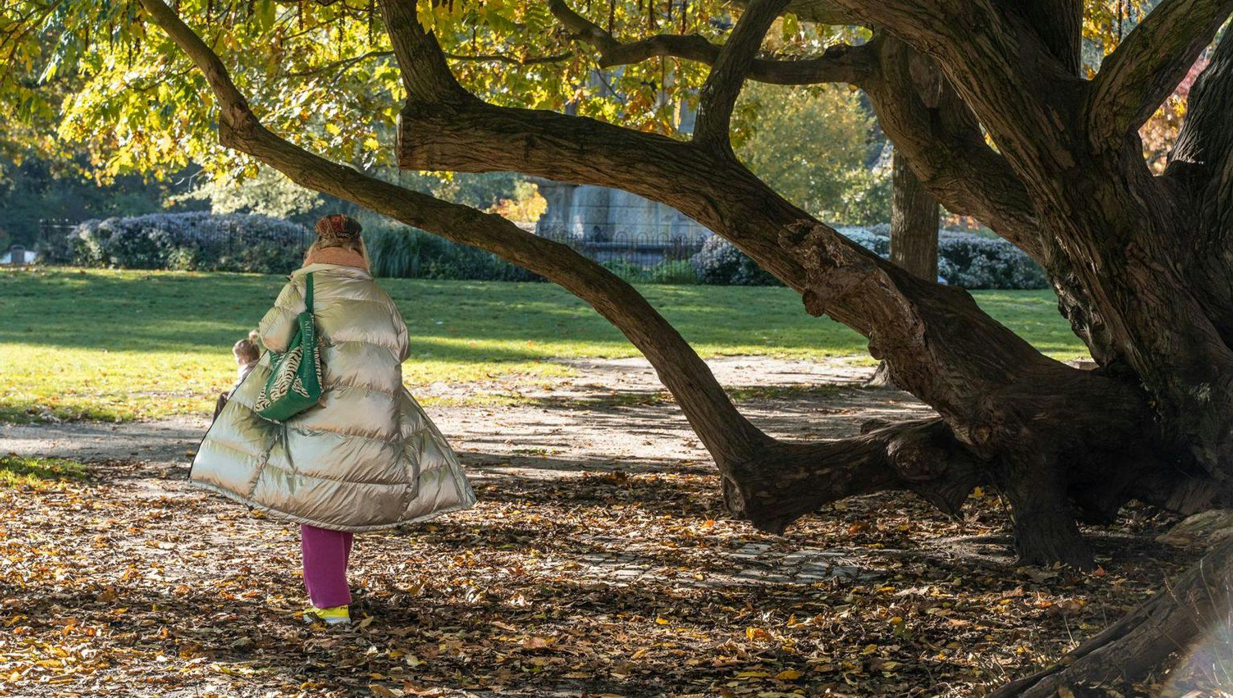 A person walking through the Sarphatipark on a sunny autumn day.