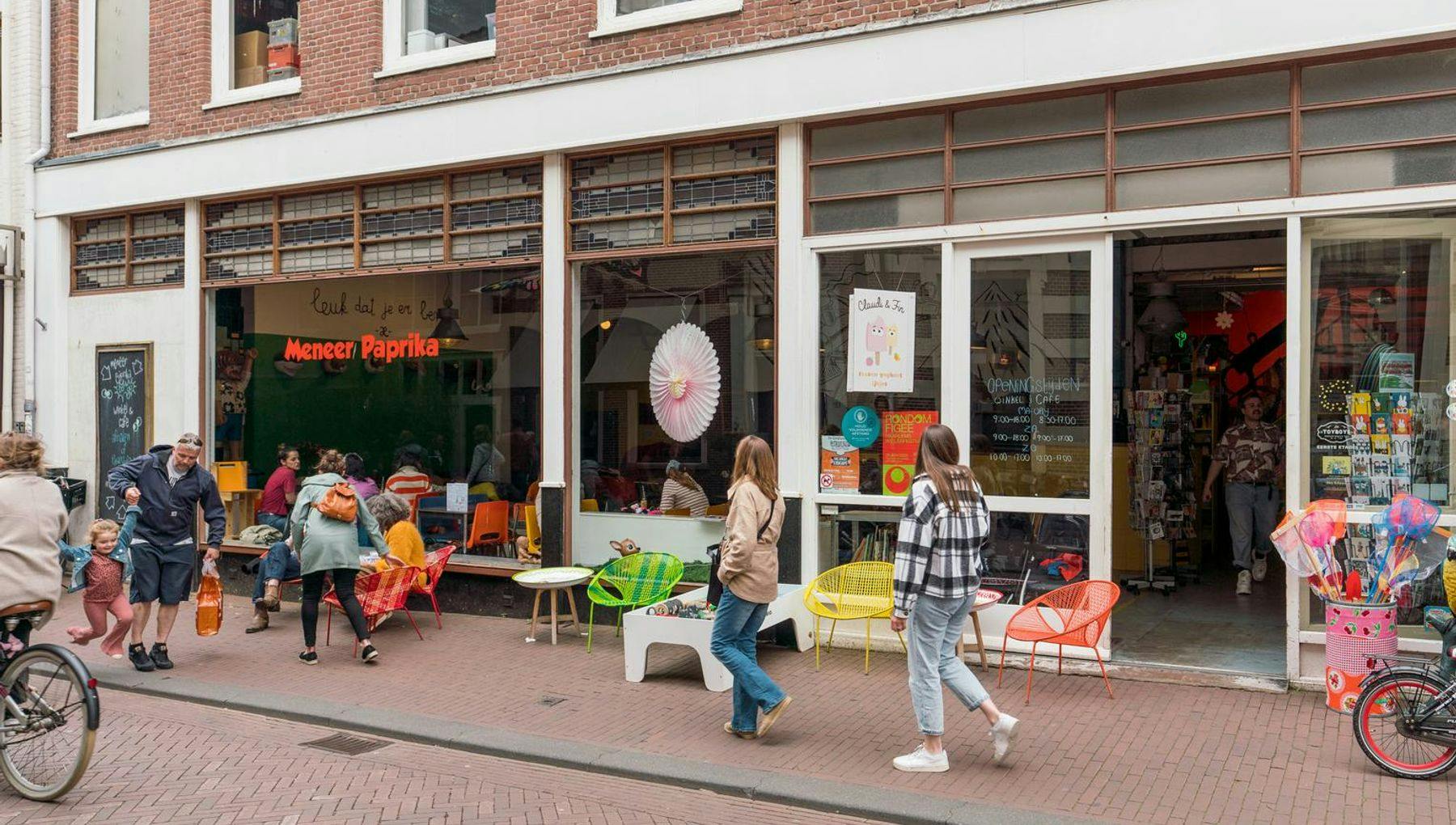 The entrance of Meneer Paprika café and toyshop in Haarlem.