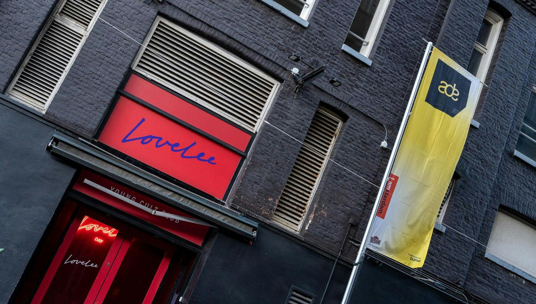 Entrance of nightclub Lovelee during Amsterdam Dance Event (ADE) 2022.