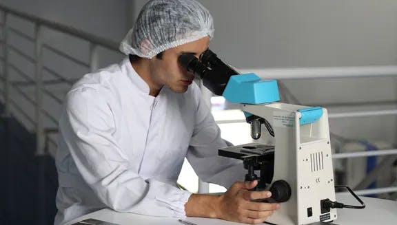 Scientist looking through a microscope.