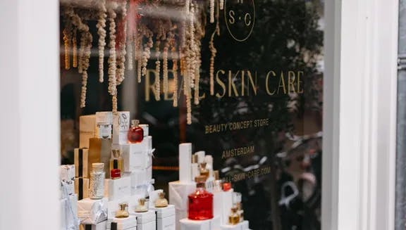 Window display and the exterior of Real Skin Care