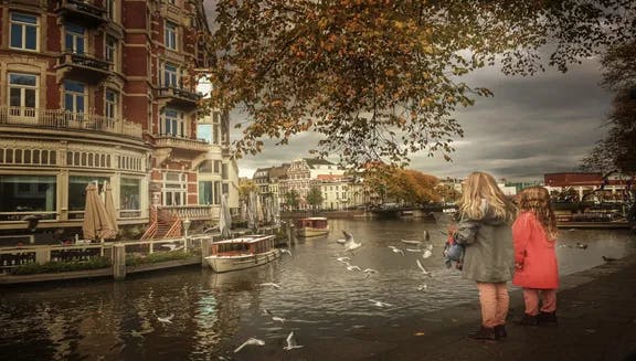 Girls watching birds at the Amsterdams canal