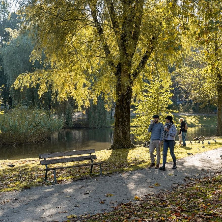 A couple is walking through the Sarphatipark on a sunny autumn day.