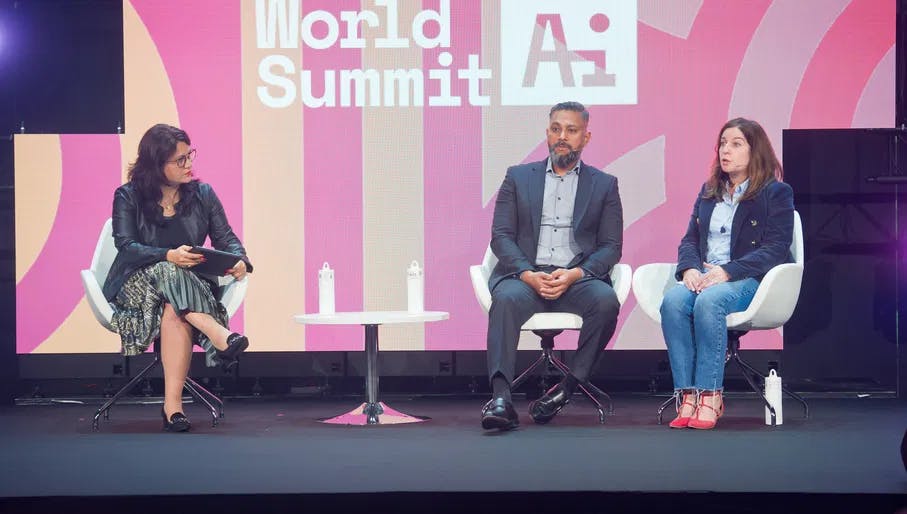 Woman speaking during Fireside Chat, Main Stage, World Summit AI 2023 conference at Taets Art and Event Park