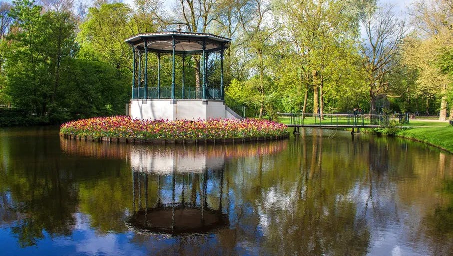 Pavilion surrounded by tulips in Vondelpark