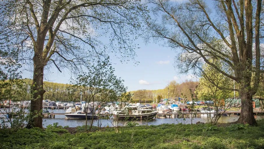 Boats on sloterplas at sloterpark harbour in spring